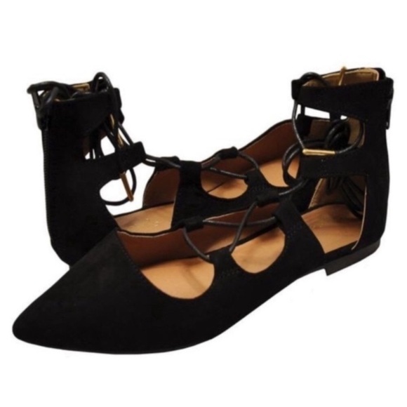 Qupid Black Lace Up Pointed Toe Flats - Picture 1 of 5